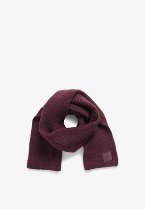 Sciarpa borgogna realizzata in tessuto testurizzato, con una forma ampia e una toppa logo cucita su un'estremità. Aspetto morbido e accogliente.