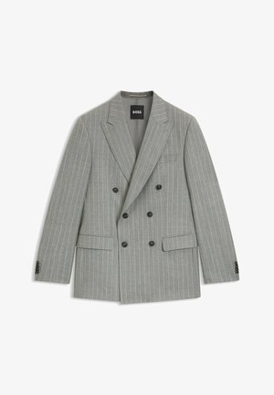 Grauer, gestreifter, doppelt-knöpfbarer Blazer mit Reverskragen, schwarzen Knöpfen und Seitentaschen. Glatte Textur und maßgeschneiderte Form.