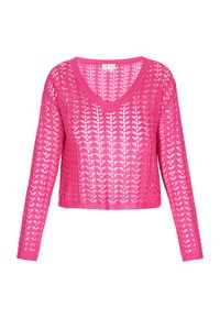 Fuchsiastrickpullover mit V-Ausschnitt, langen Ärmeln und offenem Spitzenmuster. Kurzgeschnittenes Design mit strukturiertem Strick und geripptem Saum.