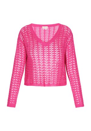 Pull en maille fuchsia avec un col en V, des manches longues et un motif en dentelle ouvert. Design cropped avec une maille texturée et un ourlet côtelé.