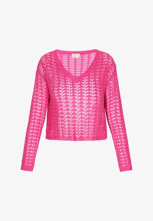 Fuksiaroosa kudumetee, V-kaelusega, pikkade varrukatega ja avatud pitsimustriga. Lühikese kujuga disain tekstuurse kudumise ja ribaga äärisega.