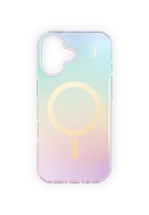 Gennemsigtigt telefoncover med iriserende gradientfarver og et stort gult cirkel- og liniedesign, udskæring til kamera, mærket "Ideal Sweden."