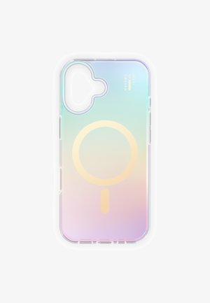 Transparante telefoonhoes met iriserende verloopkleuren en een groot geel cirkel- en lijndesign, uitsparing voor camera, gelabeld "Ideal Sweden."