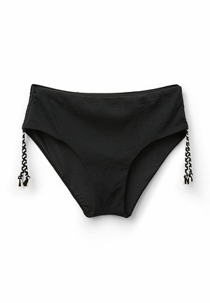 Black high-waisted bikini bottom with textured material. Features black braided side accents and small metallic details.