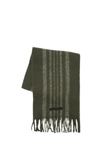 Olivno zelena ruta iz mehkega materiala, ki ima navpične sive črte, resaste robove in črn akcent blizu dna.