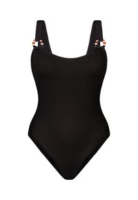 Czarny jednoczęściowy strój kąpielowy z teksturowanego materiału. Posiada szerokie ramiączka z paskowanymi akcentami oraz dekolt w kształcie łódki.