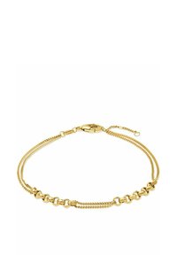 Goldene Kettenarmband mit zwei dünnen Ketten und einem Abschnitt aus größeren ovalen Gliedern, ausgestattet mit einem Verschluss und einer verstellbaren Verlängerungskette.