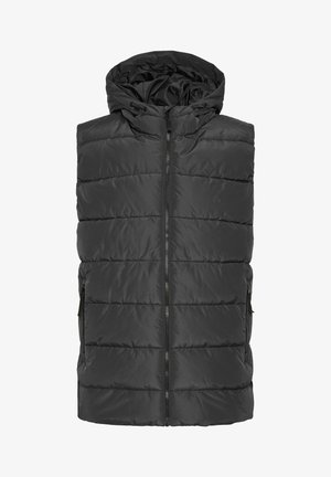 Melnā polsterētā veste ar priekšējo apģērba rāvējslēdzēju, regulējamu kapuci un sānu kabatām. Iekļauj iešūtu tekstūru un elegantu dizainu, kas nodrošina siltumu.