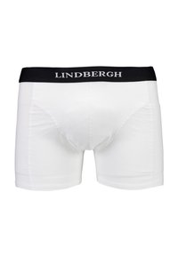 Weiße Boxer-Shorts mit einem schwarzen Bund, der den Markennamen "Lindbergh" in weißen Buchstaben trägt. Glattes Material, körpernahe Passform.