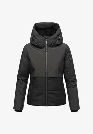 Schwarze Pufferjacke mit hohem Kragen und abnehmbarer Kapuze. Verfügt über einen Reißverschluss, ein verkürztes Design und zwei Fronttaschen. Glatte Textur.