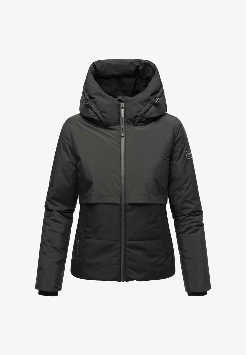 Veste puffer noire avec un col haut et une capuche amovible. Dotée d'une fermeture éclair, d'un design court et de deux poches avant. Texture lisse.