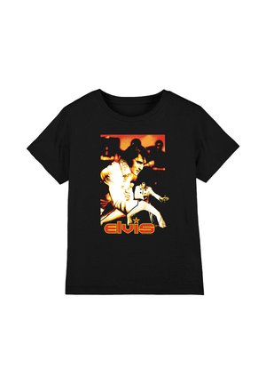 Black T-shirt with orange-yellow graphic of Elvis Presley performing in a white jumpsuit, with "Elvis" text below the image.
