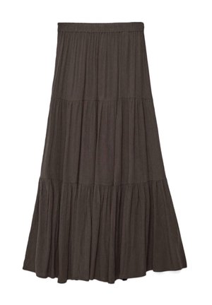 Donkerbruine, gelaagde maxirok met elastische tailleband, bestaande uit drie geplooide delen voor een vloeiende, gestructureerde uitstraling.