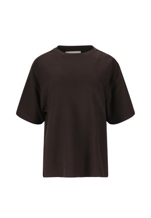 Mørkebrun oversized T-shirt med korte ærmer, rund halsudskæring og tekstureret stof på en hvid baggrund.