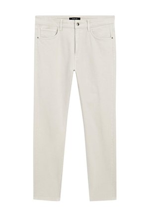 Pantaloni in cotone beige con taglio dritto, cinque tasche, passanti per la cintura e chiusura con zip. Texture liscia e design minimalista.