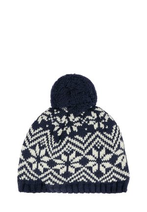 Marineblauwe en witte gebreide wintermuts met sneeuwvlokpatroon en grote pompon bovenop.