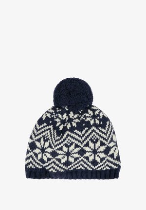 Cappello invernale lavorato a maglia blu navy e bianco con motivo a fiocco di neve e una grande pompon in cima.
