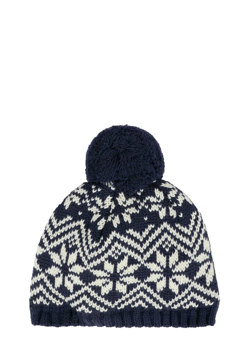 Cappello invernale lavorato a maglia blu navy e bianco con motivo a fiocco di neve e una grande pompon in cima.