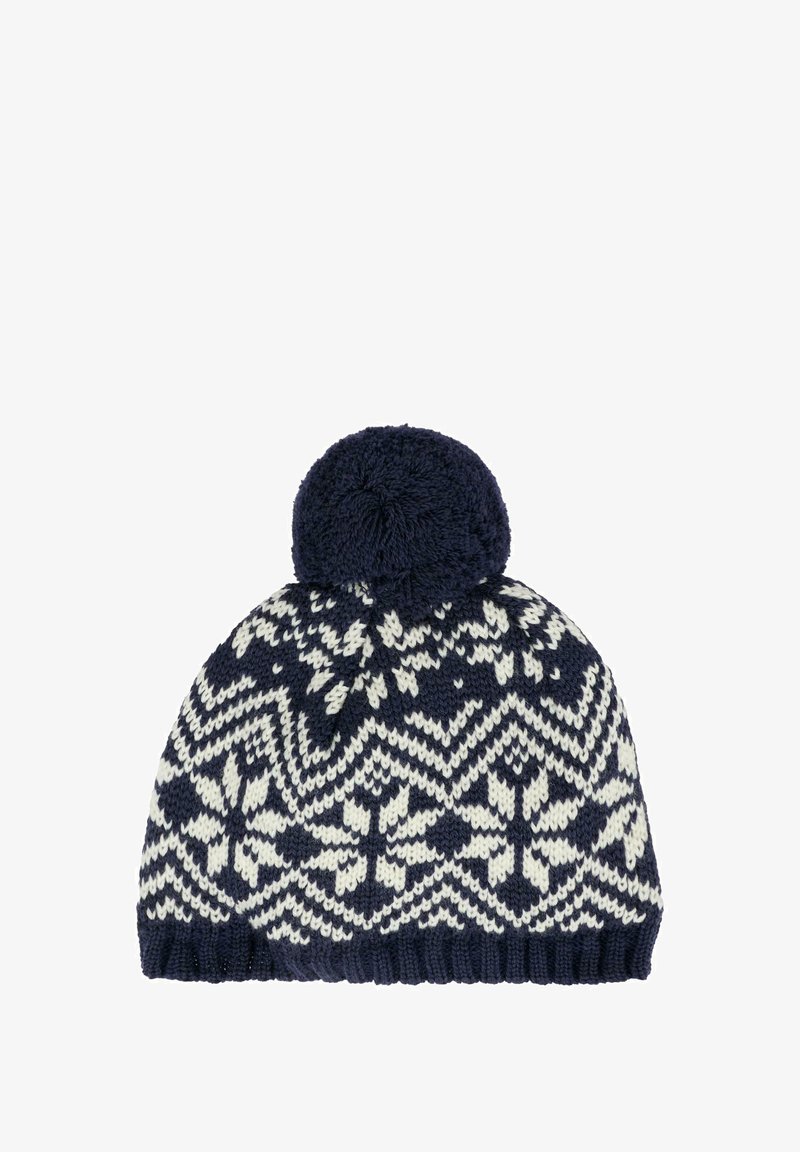 Marineblauwe en witte gebreide wintermuts met sneeuwvlokpatroon en grote pompon bovenop.