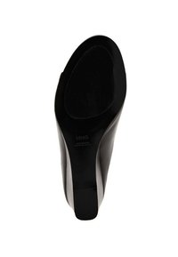 Sole di scarpa nera con tacco alto, caratterizzata da una finitura liscia e lucida, una forma a punta e un tacco leggero con il marchio "MNG" impresso.