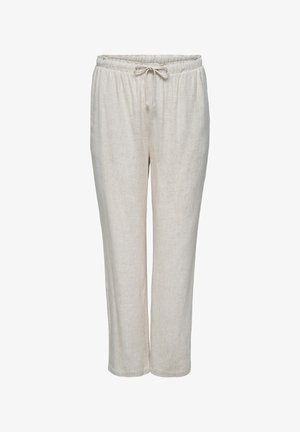 Lichtbeige linnen broek met elastische tailleband en trekkoord, rechte pijpen, geschikt voor casual draagstijl.