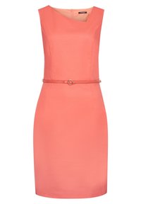 Korálové šaty bez rukávů, s výstřihem do V, přiléhavým střihem a tenkým odpovídajícím páskem se zdobným kovovým kroužkem. Hladká textura.