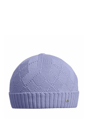 Light purple knitted beanie hat with a diamond pattern and a ribbed folded brim featuring a small round metal logo tag.