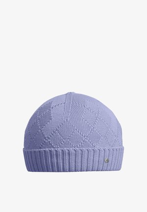 Light purple knitted beanie hat with a diamond pattern and a ribbed folded brim featuring a small round metal logo tag.