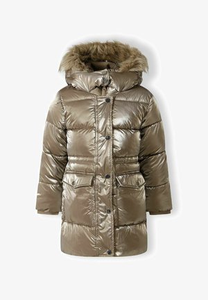 Metallik pronksist puhvjak: karvase kapuutsi, nööbid, kaks esist taskut ja tikandi disainiga. Sile, läikiv tekstuur.