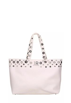 Borsa a tracolla in pelle bianca con doppi manici, decorata con borchie circolari nere e argentate, con logo "JR" in rilievo sul fronte.