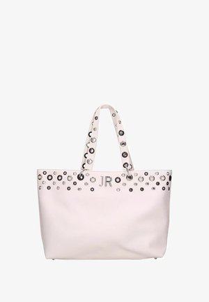 Borsa a tracolla in pelle bianca con doppi manici, decorata con borchie circolari nere e argentate, con logo "JR" in rilievo sul fronte.