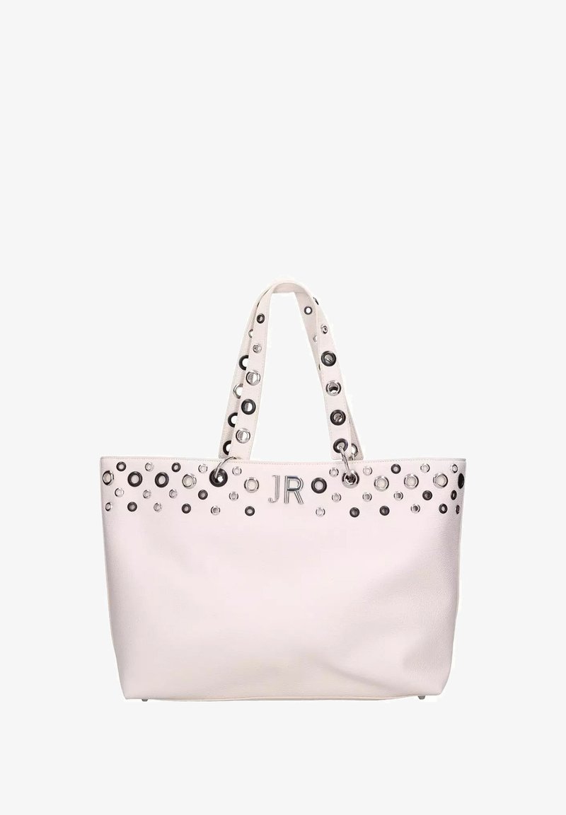 Borsa a tracolla in pelle bianca con doppi manici, decorata con borchie circolari nere e argentate, con logo "JR" in rilievo sul fronte.