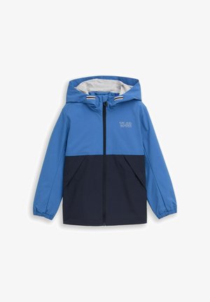 Otroška jopa z luknjo za glavo z zadrgo, barvno blokirana z modrim zgornjim in mornarsko modrim spodnjim delom, z elastičnimi manšetami in notranjo sivo podlogo v kapuci.