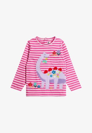 Langärmliges Hemd mit pink-weißen Streifen, ausgestattet mit einer lila Dinosaurier-Grafik, die mit bunten Blumen und Pilzen geschmückt ist.
