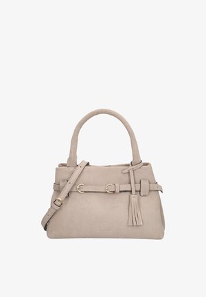 Beige suede handbag with double handles, adjustable shoulder strap, front belt with gold buckles, and decorative tassel on a white background.