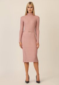 Geribbelde roze brei jurk met een hoge hals, lange mouwen en een getailleerde taille die wordt benadrukt door een gouden riem. Midi-lengte met een lichte flair.
