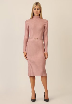 Gestreiftes pinkes Strickkleid mit hohem Kragen, langen Ärmeln und einer taillierten Taille, die von einem goldfarbenen Gürtel betont wird. Midi-Länge mit leichtem Schlag.