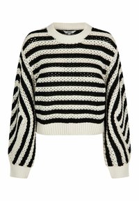 Oříznutý svetr s černobílým pruhovaným vzorem. Pletená textura, široké rukávy, žebrovaný lem a kulatý výstřih. Lehká látka.