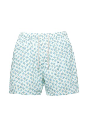 Costume da bagno bianco da uomo con fantasia di stelle marine blu e verdi e vita con coulisse bianca.