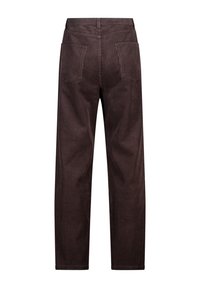 Braune Cordhose mit geradem Bein, zwei Gesäßtaschen und sichtbarer vertikaler Rippstruktur.