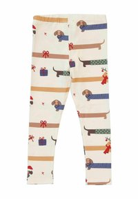 Leggings dengan latar belakang krim muda yang menampilkan ilustrasi dachshund dalam berbagai warna, mengenakan sweter, dengan hadiah dan pita sebagai aksen.