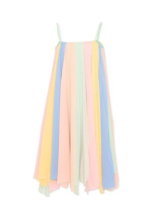 Sukienka bez rękawów sięgająca kostek, z cienkimi ramiączkami i pionowymi pastelowymi paskami w kolorach różowym, niebieskim, żółtym i zielonym, z luźnym, asymetrycznym dołem.