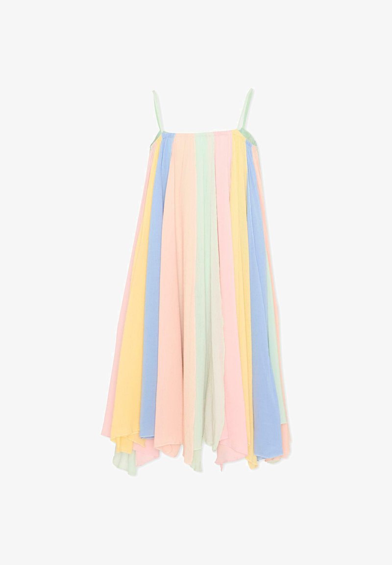 Robe sans manches jusqu'aux chevilles avec fines bretelles et rayures verticales pastel en rose, bleu, jaune et vert, présentant un ourlet fluide et asymétrique.