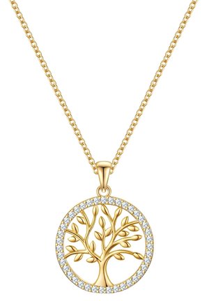Goldener Lebensbaum-Anhänger mit einem komplizierten Design, umrahmt von einem kreisförmigen Rahmen, der mit kleinen klaren Edelsteinen besetzt ist.