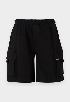 Mustad cargo lühikesed püksid elastse vöökoha, küljetaskute ja kahe suure küljetaskuga, millel on voltimisega klapid. Siledapinnaline kangastekstuuri.