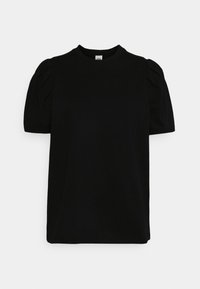 Camiseta negra con mangas abullonadas en tejido suave. Cuello redondo, mangas cortas con detalles fruncidos y un corte relajado. Diseño simple y clásico.