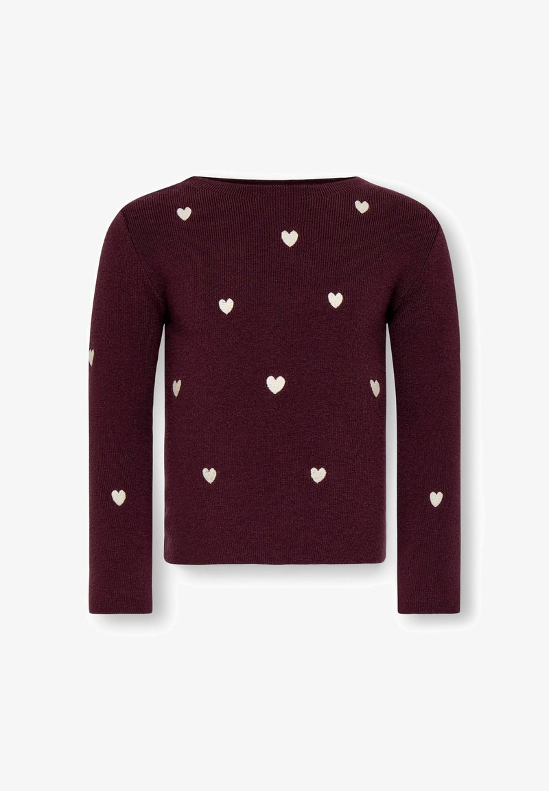 Pull à manches longues rouge foncé avec des motifs blancs en forme de cœur répartis sur le dos et les manches.