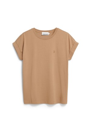 Beige katoenen T-shirt met korte opgerolde mouwen, ronde halslijn en een klein geborduurd ontwerp op de borst. Zachte textuur, ontspannen pasvorm.