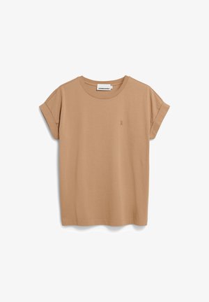 Beige katoenen T-shirt met korte opgerolde mouwen, ronde halslijn en een klein geborduurd ontwerp op de borst. Zachte textuur, ontspannen pasvorm.