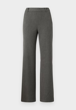 Pantalones rectos grises de tela texturada, con un diseño frontal plano, trabillas para cinturón y bolsillos laterales. Diseño minimalista con un acabado limpio.